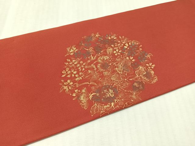 平和屋着物●塩瀬　九寸名古屋帯　作家物　牡丹丸文　紅海老茶色　金彩　正絹　逸品　CABM8811vp