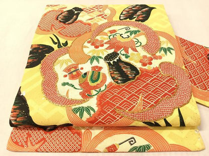 平和屋着物●アンティーク　大正ロマン　九寸名古屋帯　駒刺繍　宝尽し花文　金銀彩　正絹　逸品　CABM8813vp