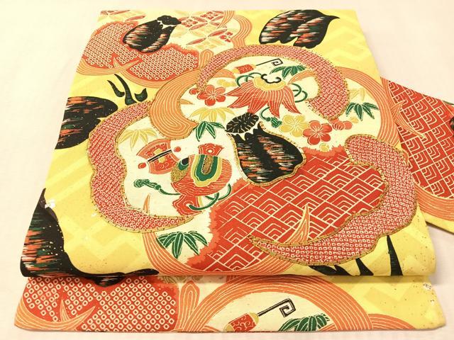 平和屋着物●アンティーク　大正ロマン　九寸名古屋帯　駒刺繍　宝尽し花文　金銀彩　正絹　逸品　CABM8813vp