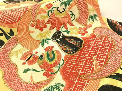 平和屋着物●アンティーク　大正ロマン　九寸名古屋帯　駒刺繍　宝尽し花文　金銀彩　正絹　逸品　CABM8813vp