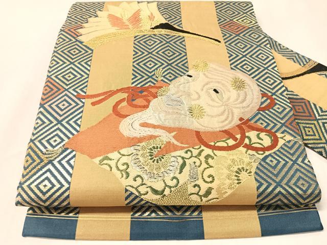 平和屋着物●アンティーク　大正ロマン　九寸名古屋帯　能面　翁　金銀糸　正絹　逸品　CABM8814vp