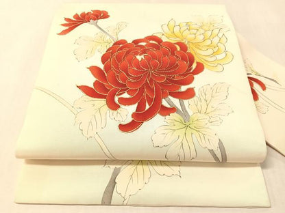 平和屋着物●塩瀬　九寸名古屋帯　手描き　駒刺繍　乱菊　金彩　正絹　逸品　CABM8816vp