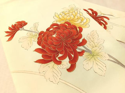 平和屋着物●塩瀬　九寸名古屋帯　手描き　駒刺繍　乱菊　金彩　正絹　逸品　CABM8816vp