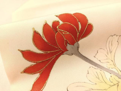 平和屋着物●塩瀬　九寸名古屋帯　手描き　駒刺繍　乱菊　金彩　正絹　逸品　CABM8816vp
