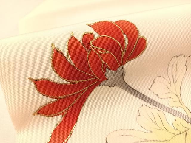 平和屋着物●塩瀬　九寸名古屋帯　手描き　駒刺繍　乱菊　金彩　正絹　逸品　CABM8816vp