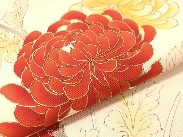 平和屋着物●塩瀬　九寸名古屋帯　手描き　駒刺繍　乱菊　金彩　正絹　逸品　CABM8816vp