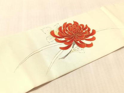 平和屋着物●塩瀬　九寸名古屋帯　手描き　駒刺繍　乱菊　金彩　正絹　逸品　CABM8816vp