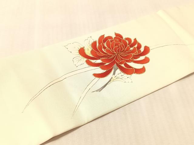 平和屋着物●塩瀬　九寸名古屋帯　手描き　駒刺繍　乱菊　金彩　正絹　逸品　CABM8816vp