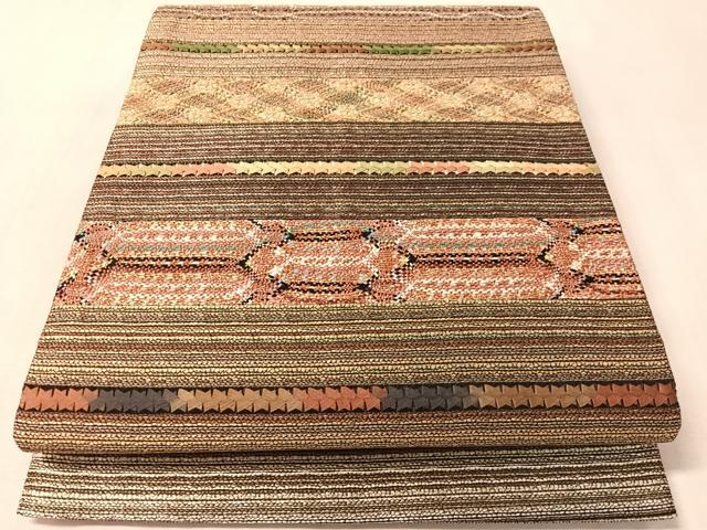 平和屋着物●六通柄袋帯　リボン織　横段文　金銀糸　正絹　逸品　CABM8851vp