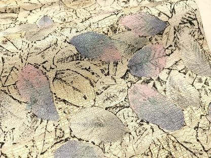 平和屋着物●全通柄袋帯　捩り生芭蕉布　葉尽くし　金糸　銀彩　証紙付き　正絹　逸品　未使用　CABM8852vp