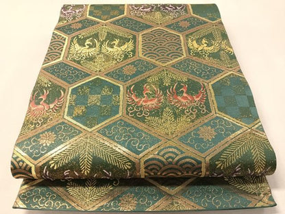 平和屋着物●ファッションデザイナー　HIROKO KOSHINO　コシノヒロコ　六通柄袋帯　鳳凰亀甲花文　金糸　正絹　逸品　CABM8874vp