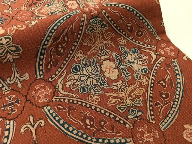 平和屋着物●六通柄袋帯　紬地　型染め　七宝花文　正絹　逸品　CABM8875vp