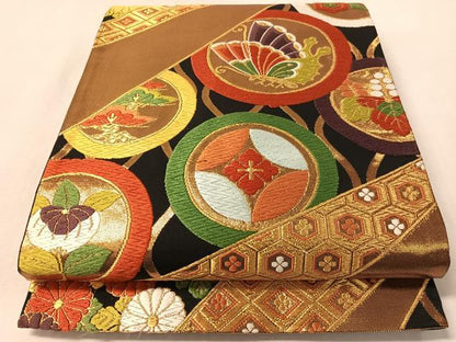 平和屋着物●西陣　河合美術織物謹製　六通柄袋帯　花蝶丸文　黒地　金糸　正絹　逸品　CABM8887vp
