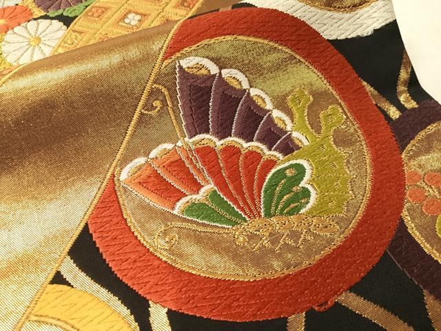 平和屋着物●西陣　河合美術織物謹製　六通柄袋帯　花蝶丸文　黒地　金糸　正絹　逸品　CABM8887vp