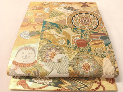 平和屋着物●六通柄袋帯　唐織　正倉院人物花鳥文　金糸　正絹　逸品　CABM8898vp