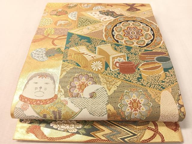 平和屋着物●六通柄袋帯　唐織　正倉院人物花鳥文　金糸　正絹　逸品　CABM8898vp