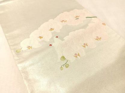 平和屋着物●「美しいキモノ」お馴染みのメーカー　となみ織物　加倉井和夫　太鼓柄袋帯　胡蝶蘭　双鳥文　銀彩　正絹　逸品　CABM8918vp