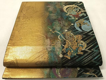 平和屋着物●六通柄袋帯　風神雷神　黒地　金糸　引箔　正絹　逸品　CABM8919vp