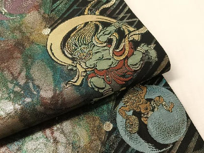平和屋着物●六通柄袋帯　風神雷神　黒地　金糸　引箔　正絹　逸品　CABM8919vp