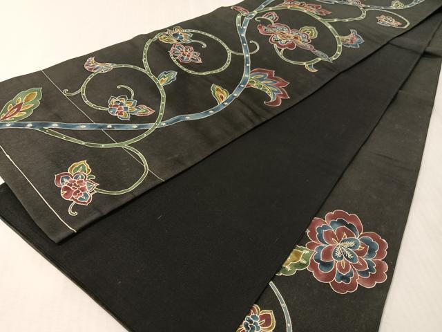平和屋着物●六通柄袋帯　更紗唐草文　黒地　正絹　逸品　CABM8920vp