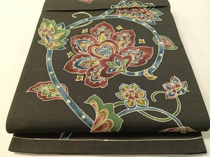 平和屋着物●六通柄袋帯　更紗唐草文　黒地　正絹　逸品　CABM8920vp