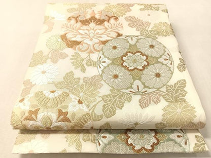 平和屋着物▽六通柄袋帯　スリーシーズン　春夏秋　唐織　手織　草花丸文　金銀糸　正絹　逸品　未使用　CABM8922vp