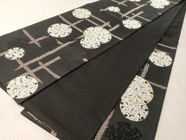 平和屋着物●六通柄袋帯　唐織　雪輪花文　黒地　金糸　正絹　逸品　CABM8923vp