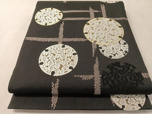 平和屋着物●六通柄袋帯　唐織　雪輪花文　黒地　金糸　正絹　逸品　CABM8923vp