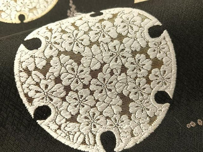 平和屋着物●六通柄袋帯　唐織　雪輪花文　黒地　金糸　正絹　逸品　CABM8923vp