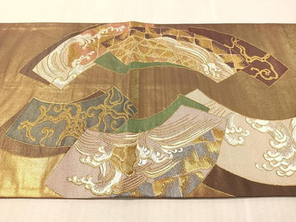 平和屋着物●西陣河村織物謹製・手織り　六通柄袋帯　手織　流競彩文　金糸　引箔　正絹　逸品　CABM9114vp
