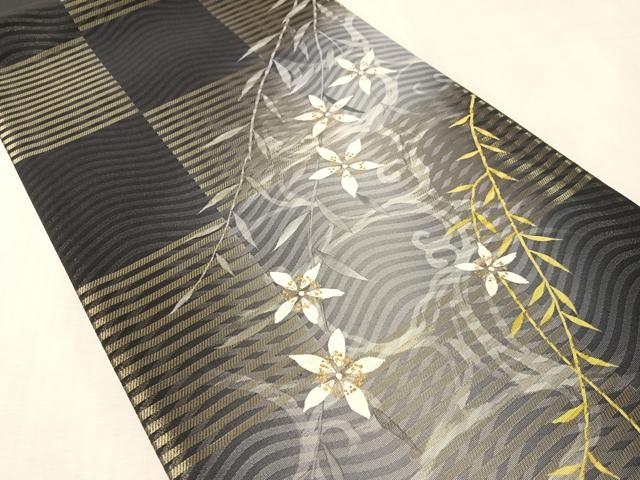平和屋着物●両面　太鼓柄袋帯　市松流水枝垂れ花文　金糸　正絹　逸品　未使用　CABM9116vp