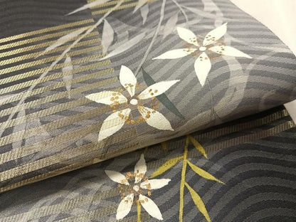 平和屋着物●両面　太鼓柄袋帯　市松流水枝垂れ花文　金糸　正絹　逸品　未使用　CABM9116vp