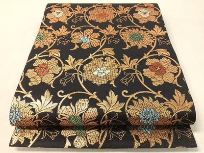 平和屋着物●龍村晋謹製　六通柄袋帯　牡丹唐草文　金糸　正絹　逸品　CABM9121vp