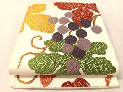 平和屋着物●六通柄袋帯　唐織　草木染め　葡萄蔦の葉文　金糸　正絹　逸品　未使用　CABM9125vp