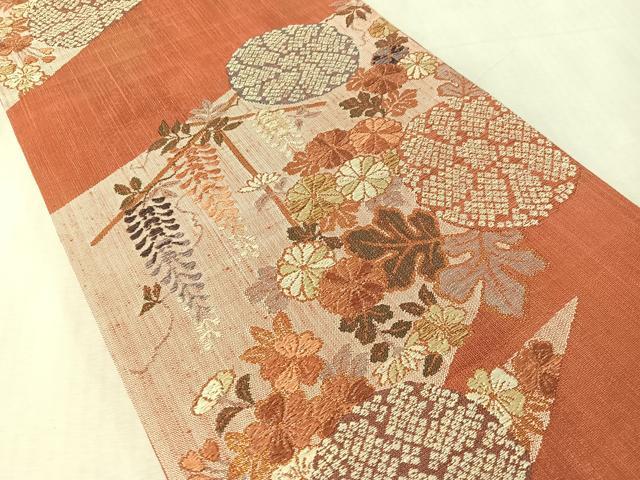 平和屋着物▽六通柄袋帯　スリーシーズン　春夏秋　紬地　藤花文　金糸　正絹　逸品　未使用　CABM9139vp