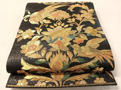 平和屋着物●六通柄袋帯　粋峰　更紗花鳥文　黒地　金糸　正絹　逸品　未使用　CABM9168vp