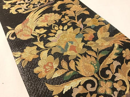 平和屋着物●六通柄袋帯　粋峰　更紗花鳥文　黒地　金糸　正絹　逸品　未使用　CABM9168vp