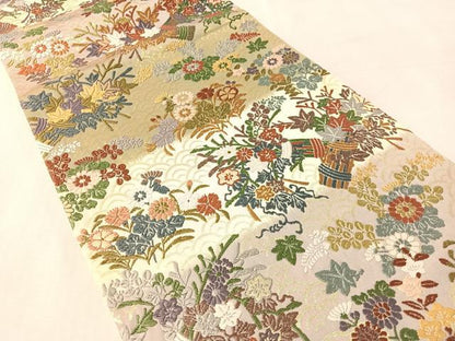平和屋着物●六通柄袋帯　唐織　草花文　金糸　正絹　逸品　CABM9189vp