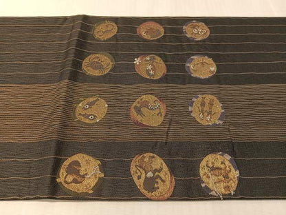 平和屋着物●太鼓柄袋帯　櫛織　人物　動物　魚　金糸　正絹　逸品　CABM9196vp