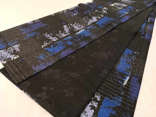 平和屋着物●全通柄袋帯　間道　黒地　銀通し地　正絹　逸品　未使用　CABM9200vp