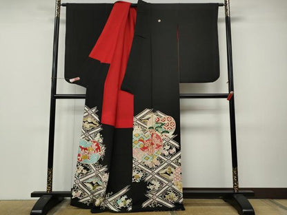 平和屋着物●アンティーク　大正ロマン　黒留袖　花鳥文　金彩　正絹　逸品　CABM9203ut