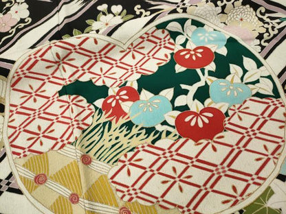 平和屋着物●アンティーク　大正ロマン　黒留袖　花鳥文　金彩　正絹　逸品　CABM9203ut