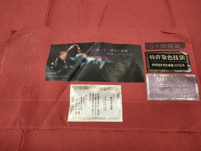 平和屋着物●上質な色無地　作家物　万雄堅牢染　吉祥地紋　臙脂色　証紙付き　正絹　逸品　CABM9204ut