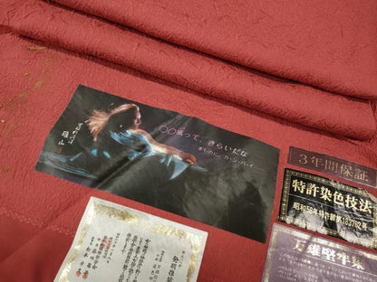 平和屋着物●上質な色無地　作家物　万雄堅牢染　吉祥地紋　臙脂色　証紙付き　正絹　逸品　CABM9204ut