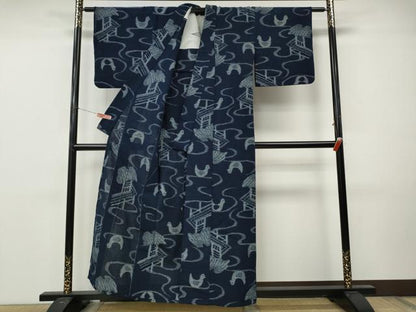 平和屋着物●久留米絣　単衣　風景流水鳥文　綿　逸品　CABM9212ut