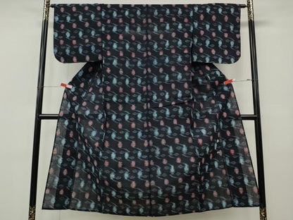 平和屋着物●久留米絣　単衣　草花文　綿　逸品　CABM9214ut