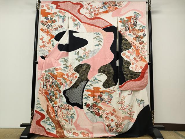 平和屋着物●豪華振袖　駒刺繍　絞り　飛鶴御所車花文　正絹　逸品　CABM9217ut