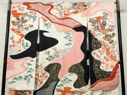 平和屋着物●豪華振袖　駒刺繍　絞り　飛鶴御所車花文　正絹　逸品　CABM9217ut