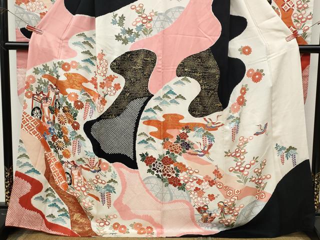 平和屋着物●豪華振袖　駒刺繍　絞り　飛鶴御所車花文　正絹　逸品　CABM9217ut