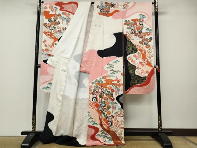 平和屋着物●豪華振袖　駒刺繍　絞り　飛鶴御所車花文　正絹　逸品　CABM9217ut